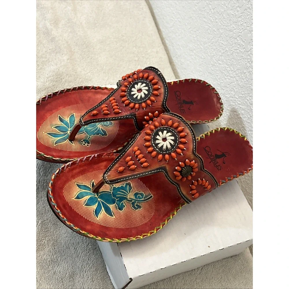 Elite Corky's Sandals Leather Colorful Hand Painted Floral Sz 10 Beaded Beach 41